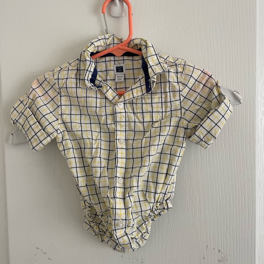 Janie and Jack long sleeve short sleeve navy and yellow checked button down 6-12